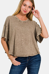 Washed Round Neck Drop Shoulder Cropped T-Shirt