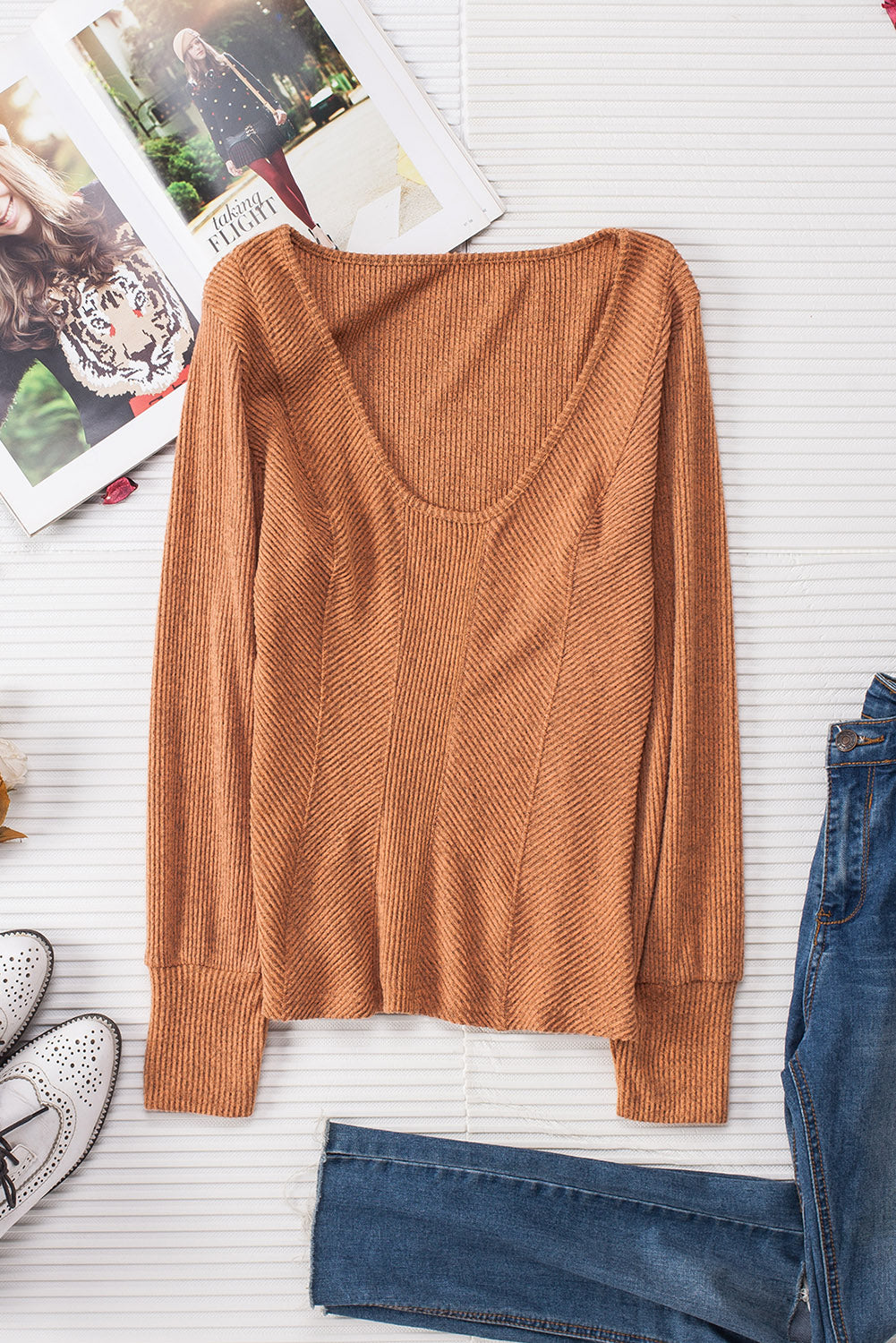 Textured Long Sleeve Top- Brown