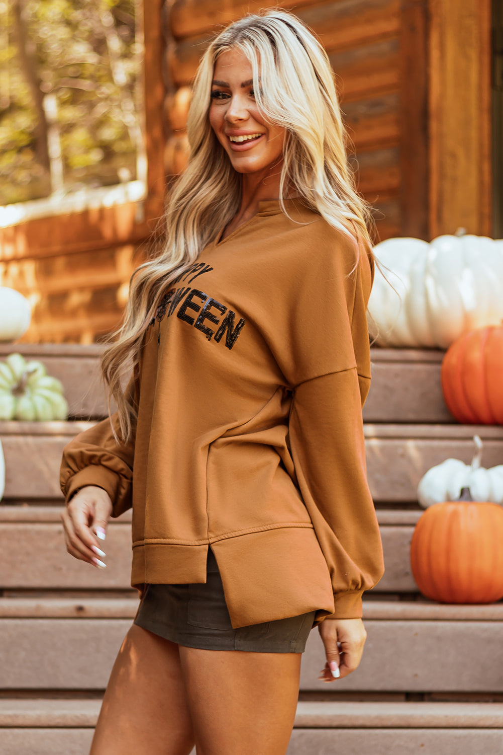 Halloween Sequin Long Sleeve Top- Chesnut