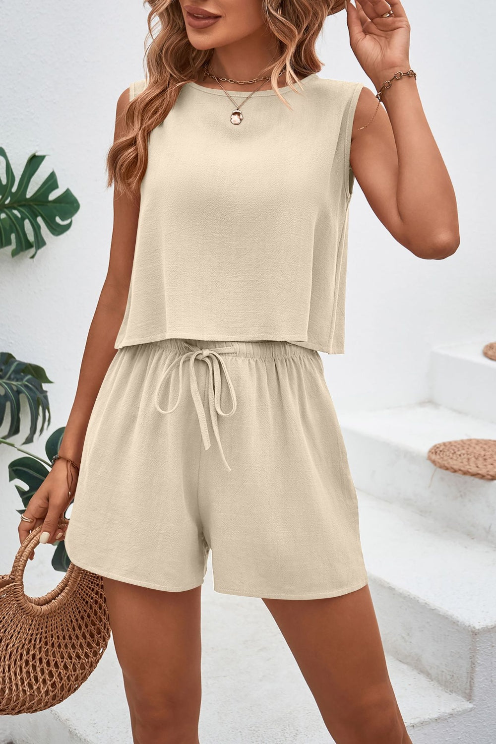 Button Back Top and Drawstring Shorts Set