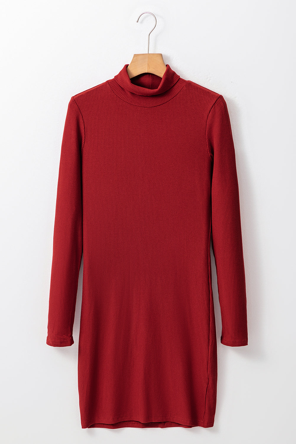 Ribbed Knit Long Sleeve High Neck Mini Dress- Red