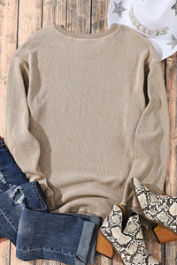 Ribbed Knit Pullover Sweatshirt- Khaki