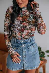 Floral Long Sleeve High Neck Sheath Mesh Top