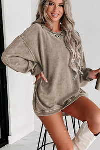 Ribbed Knit Pullover Sweatshirt- Khaki