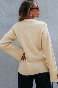 Textured Knit Split Cuff Drop Shoulder Loose Sweater- Cream