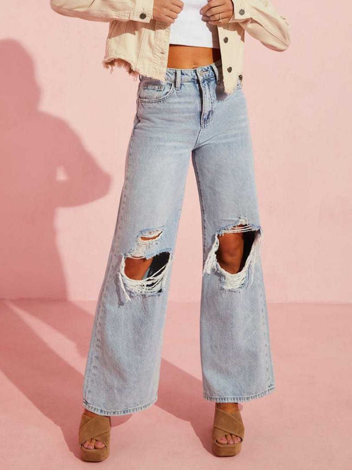 Cassie Distressed Wide Leg Jeans with Pockets