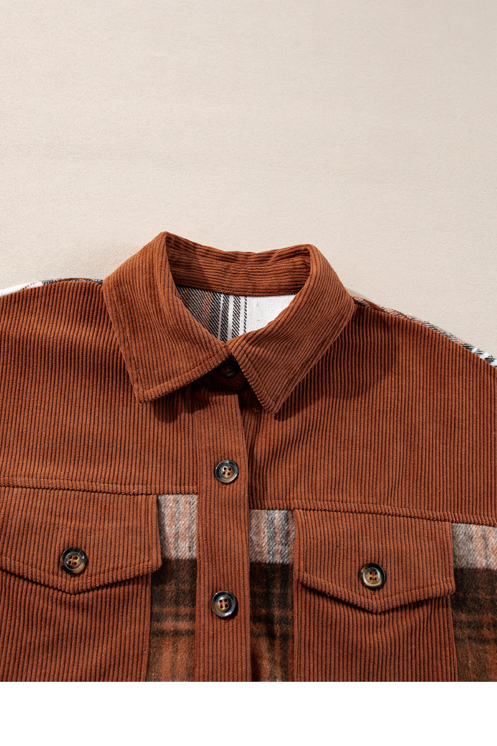 Plaid Corduroy Patchwork Shacket- Brown