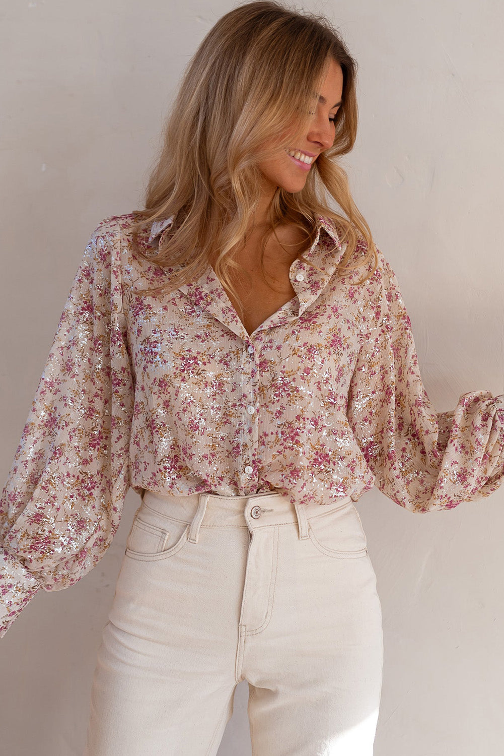 Floral Print Collared V Neck Shirt