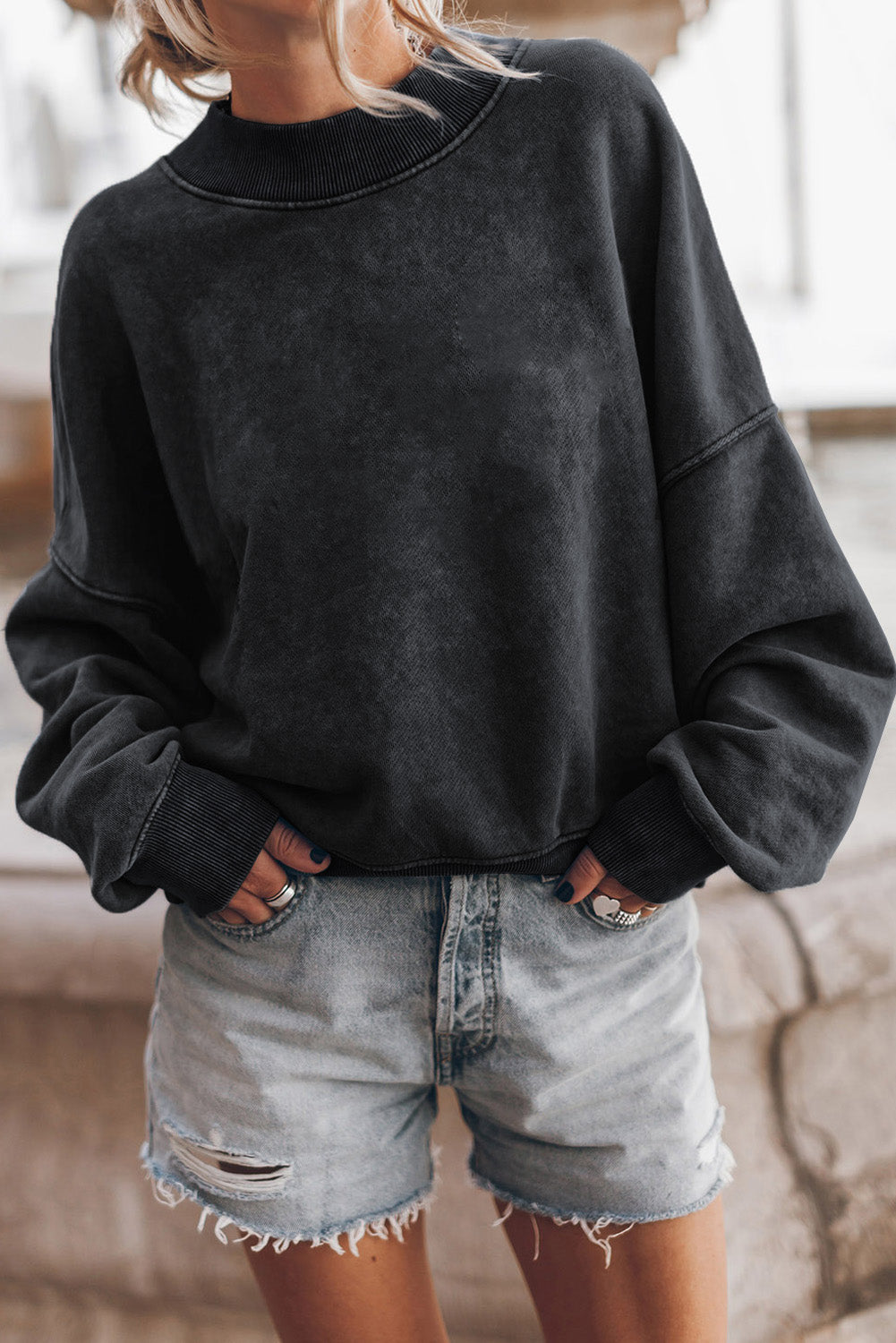 Crew Neck Acid Washed Sweatshirt- Black