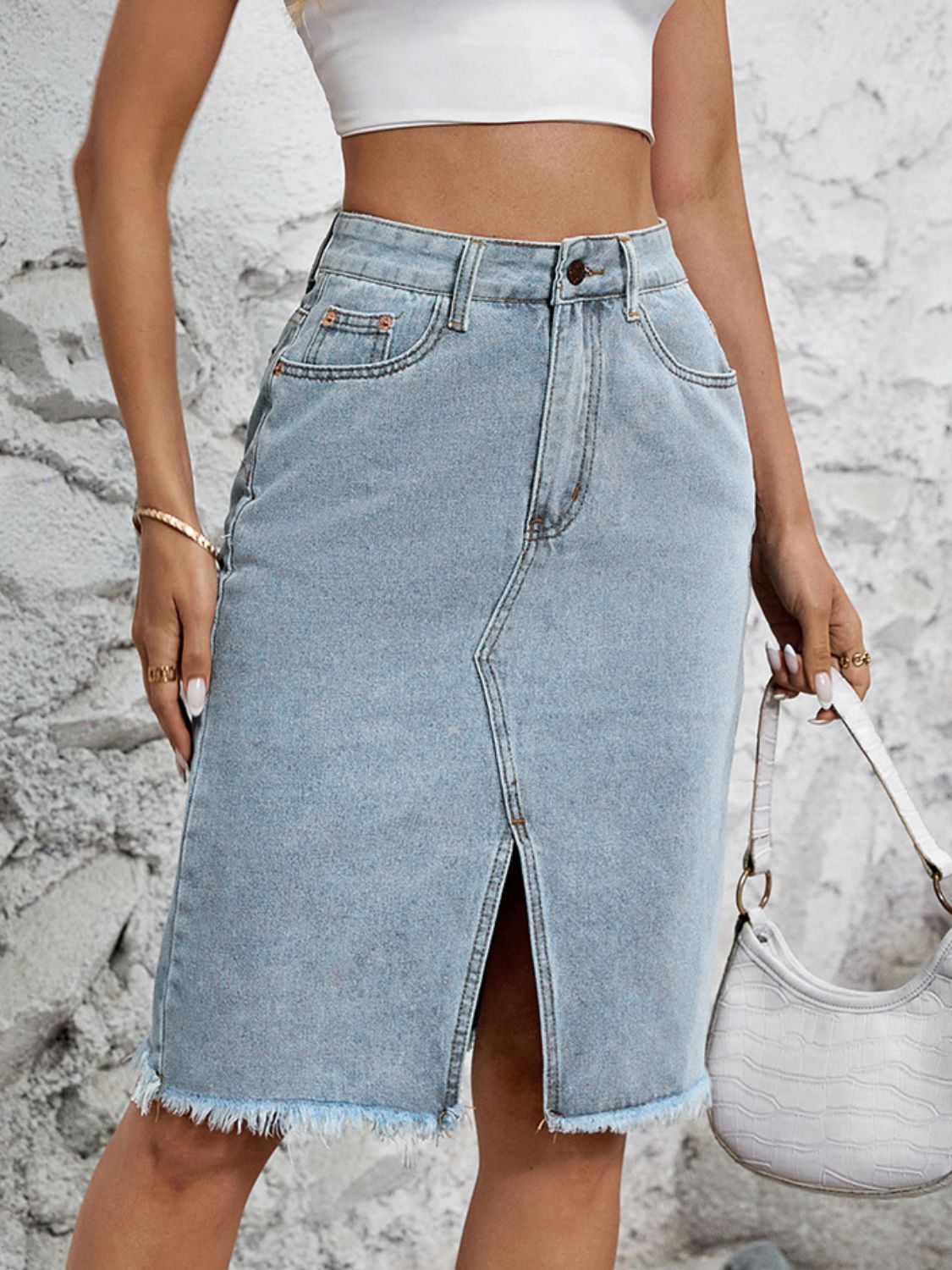 Raw Hem Slit Midi Denim Skirt