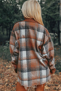 Plaid Corduroy Patchwork Shacket- Brown