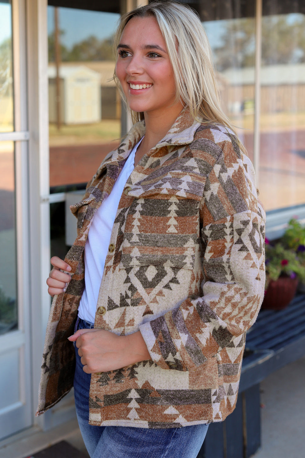 Southwestern Pattern Collared Jacket- Camel