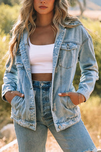 Distressed Button Closure Hooded Denim Jacket