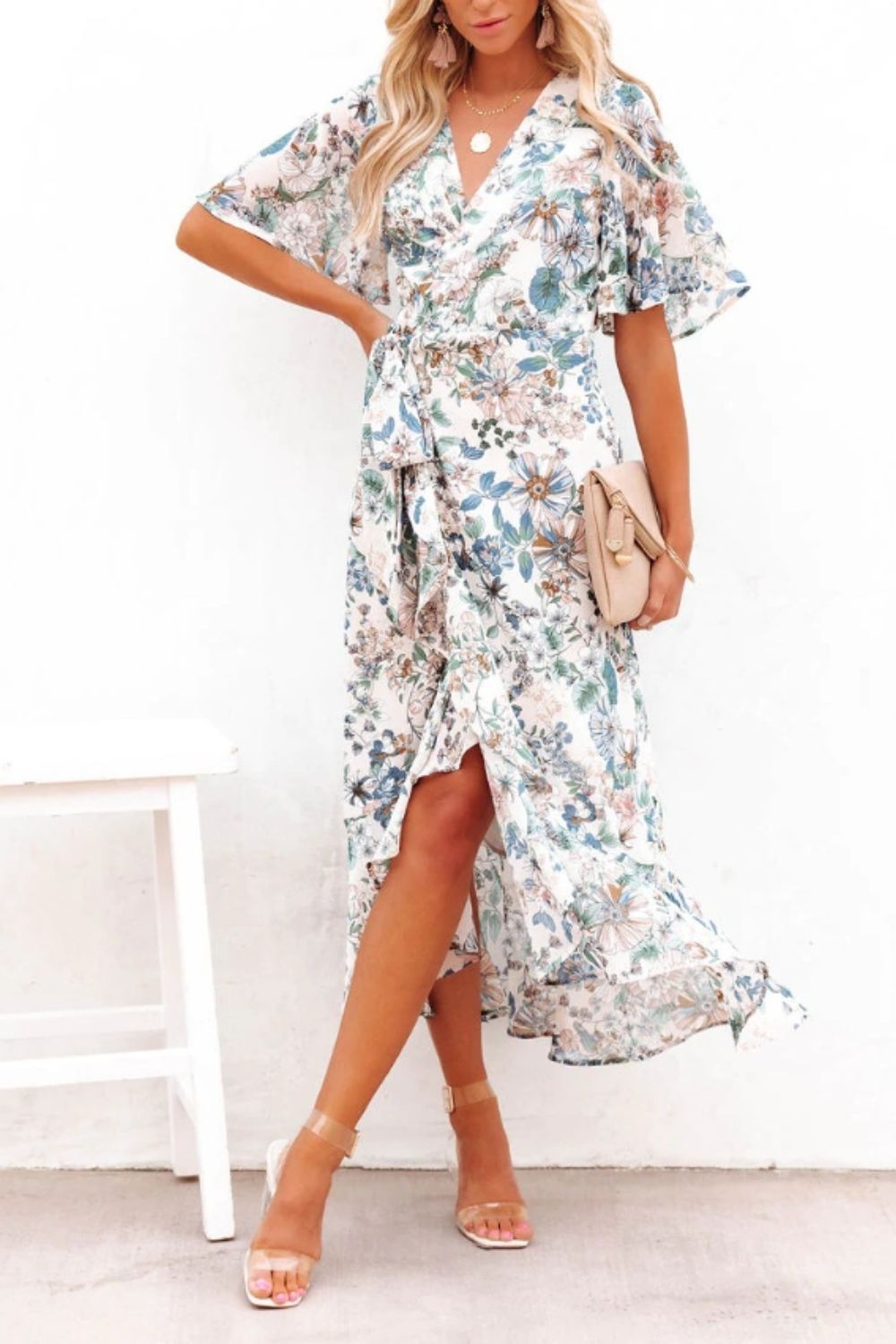 High-Low Floral Flutter Sleeve Midi Dress