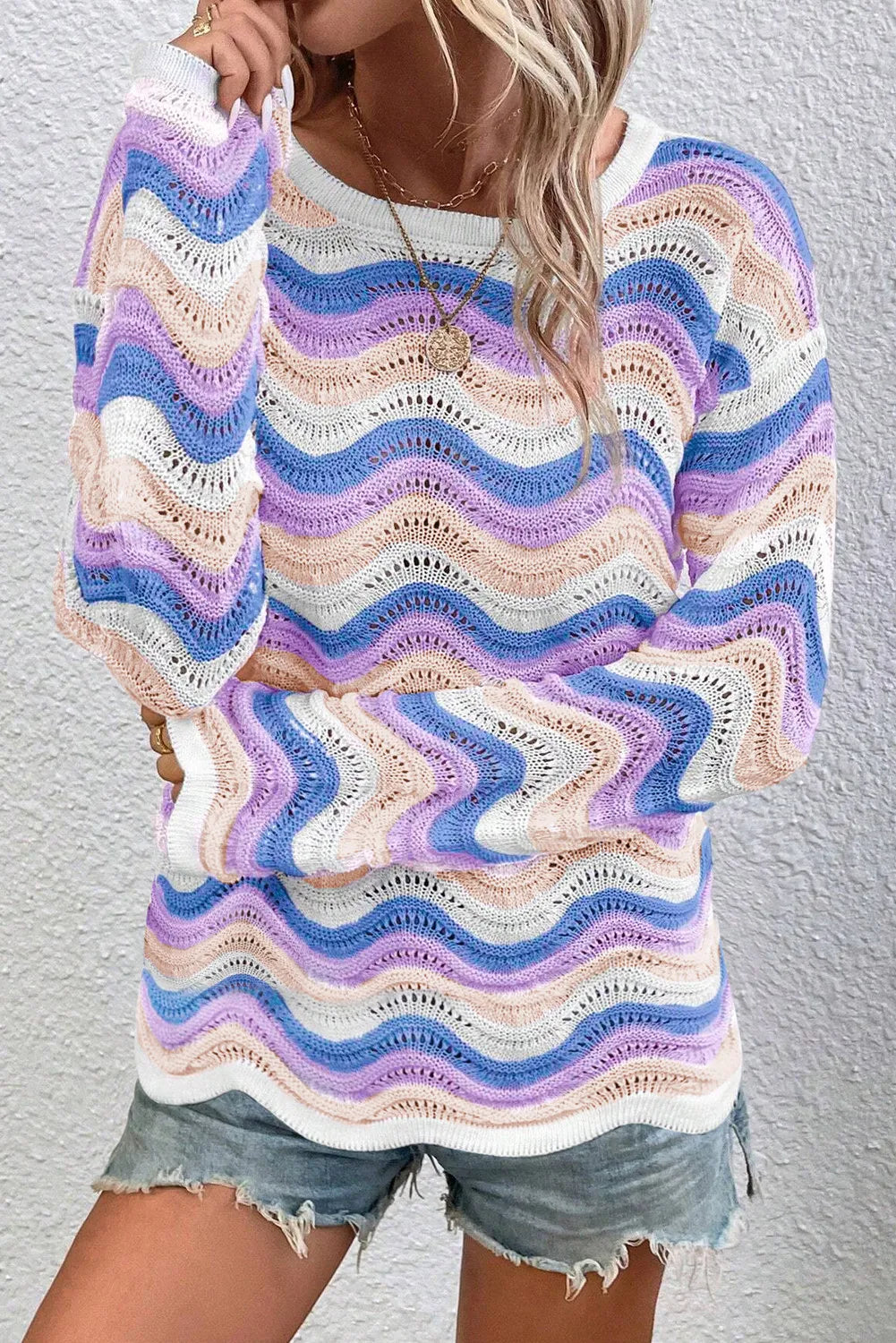 Contrast Wave Stripe Long Sleeve Sweater