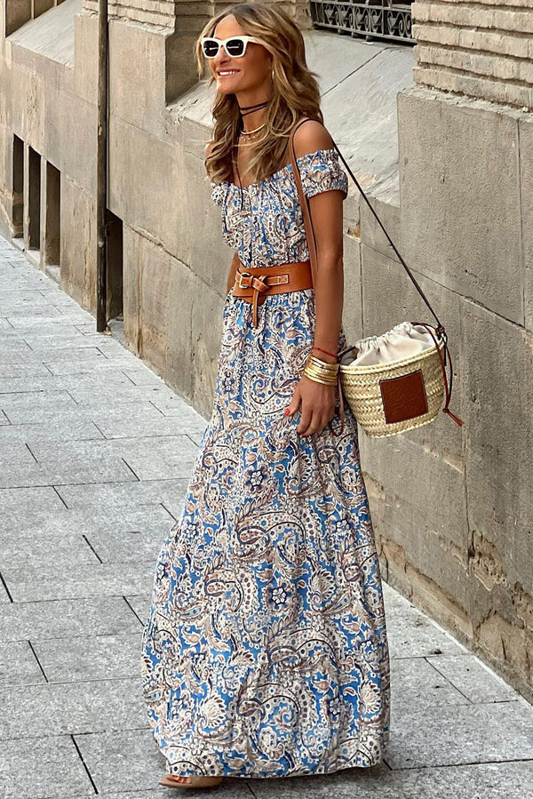 Paisley Off Shoulder Maxi Dress - Blue