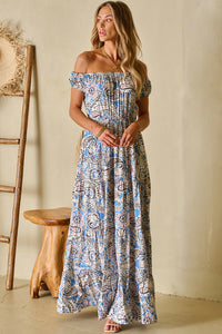 Paisley Off Shoulder Maxi Dress - Blue