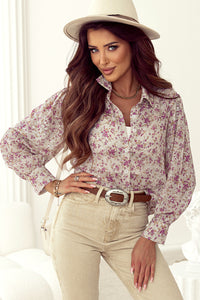 Floral Print Collared V Neck Shirt