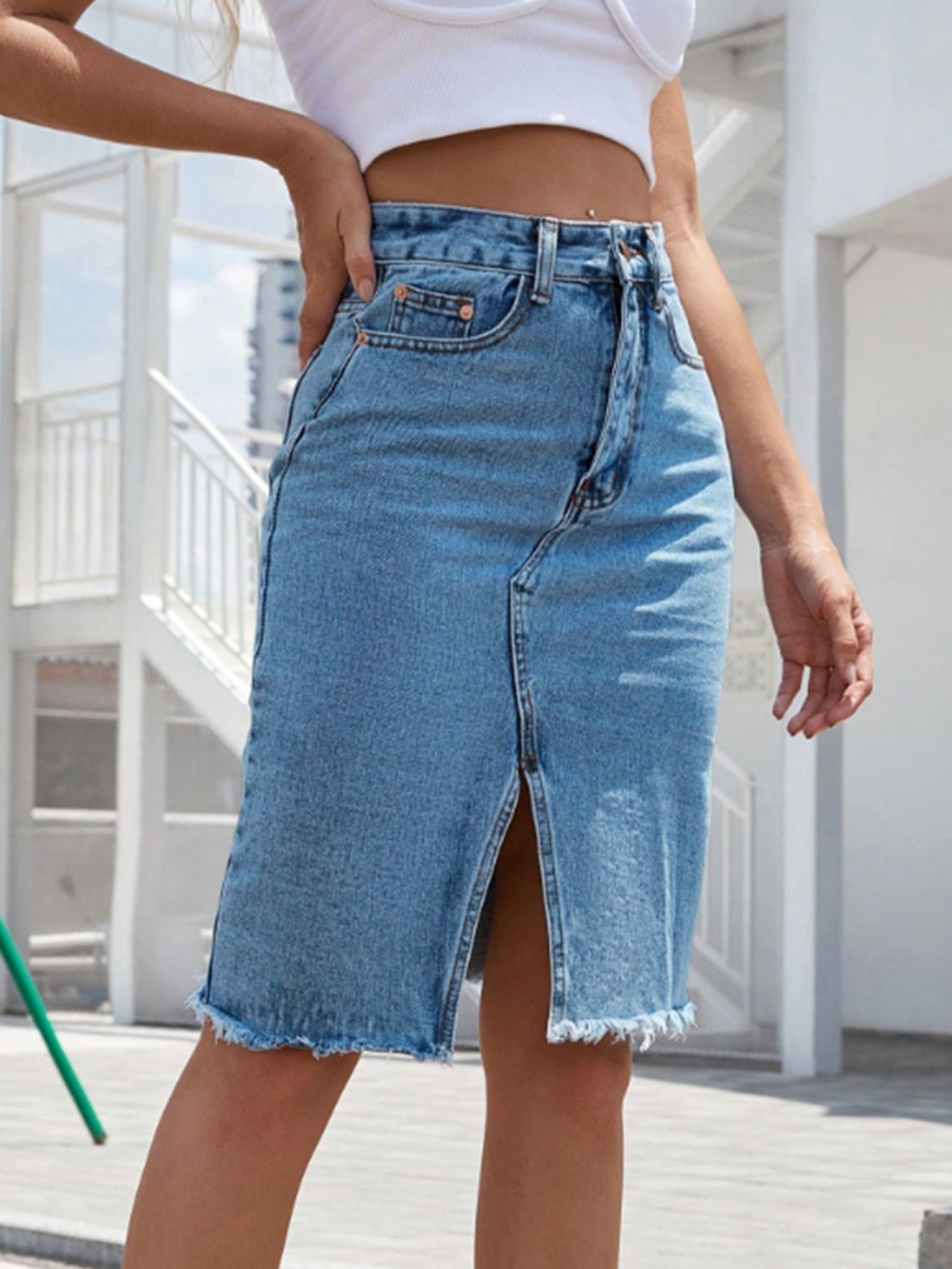 Raw Hem Slit Midi Denim Skirt