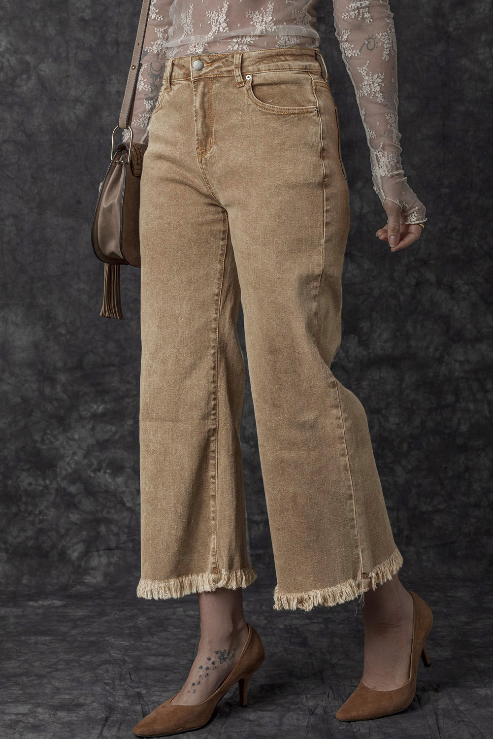 Ava High Rise Cropped Wide Leg Jeans- Beige