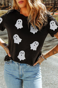 Ghost Pattern Crew Neck Halloween T Shirt- Black