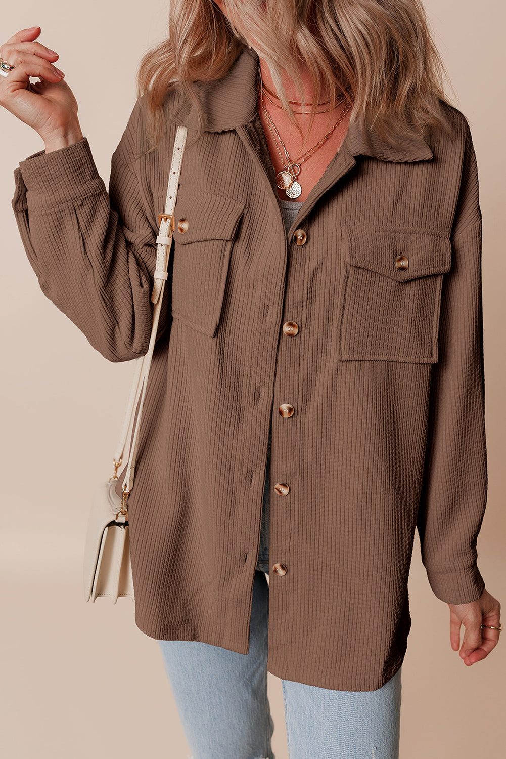 Corduroy Button Up Shacket- Chestnut