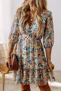 Floral 3/4 Sleeve V Neck High Waist Ruffle Mini Dress