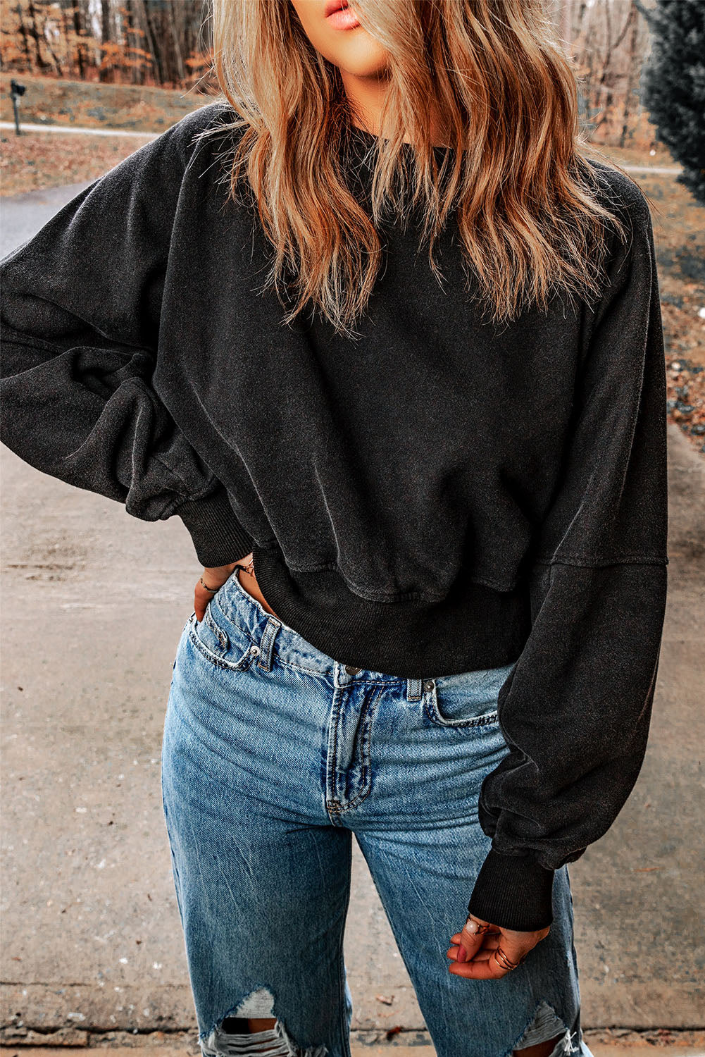 Acid Wash Open Back Sweatshirt- Black