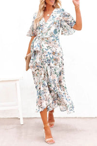 High-Low Floral Flutter Sleeve Midi Dress