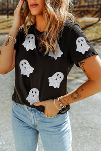 Ghost Pattern Crew Neck Halloween T Shirt- Black