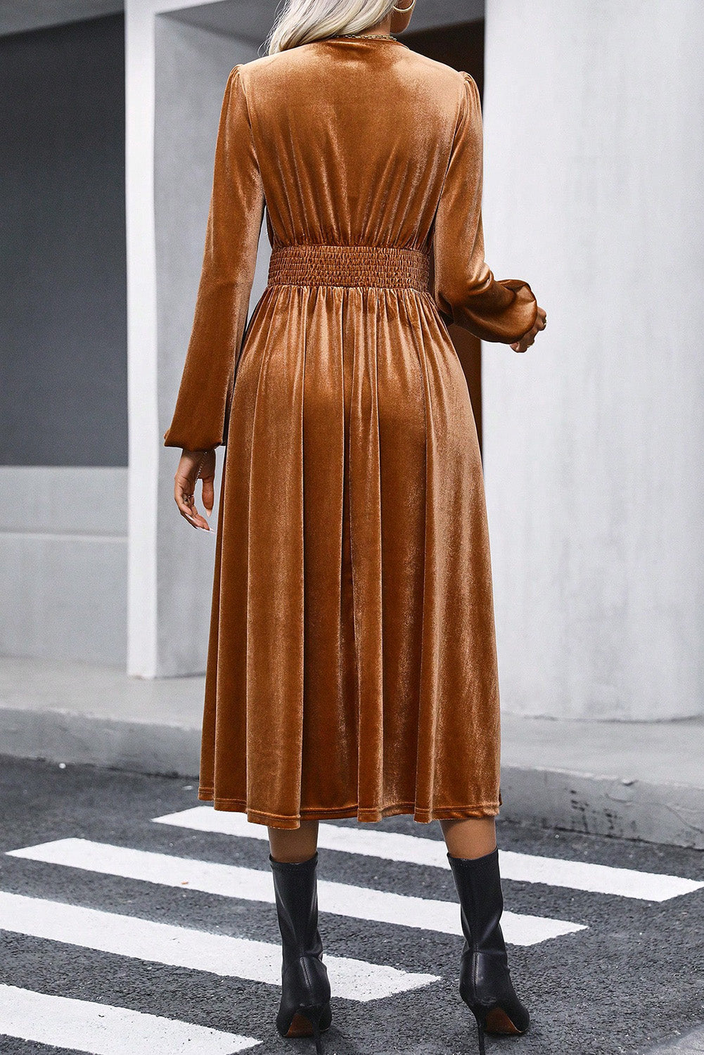 Wrap V Neck High Waist Velvet Midi Dress- Camel