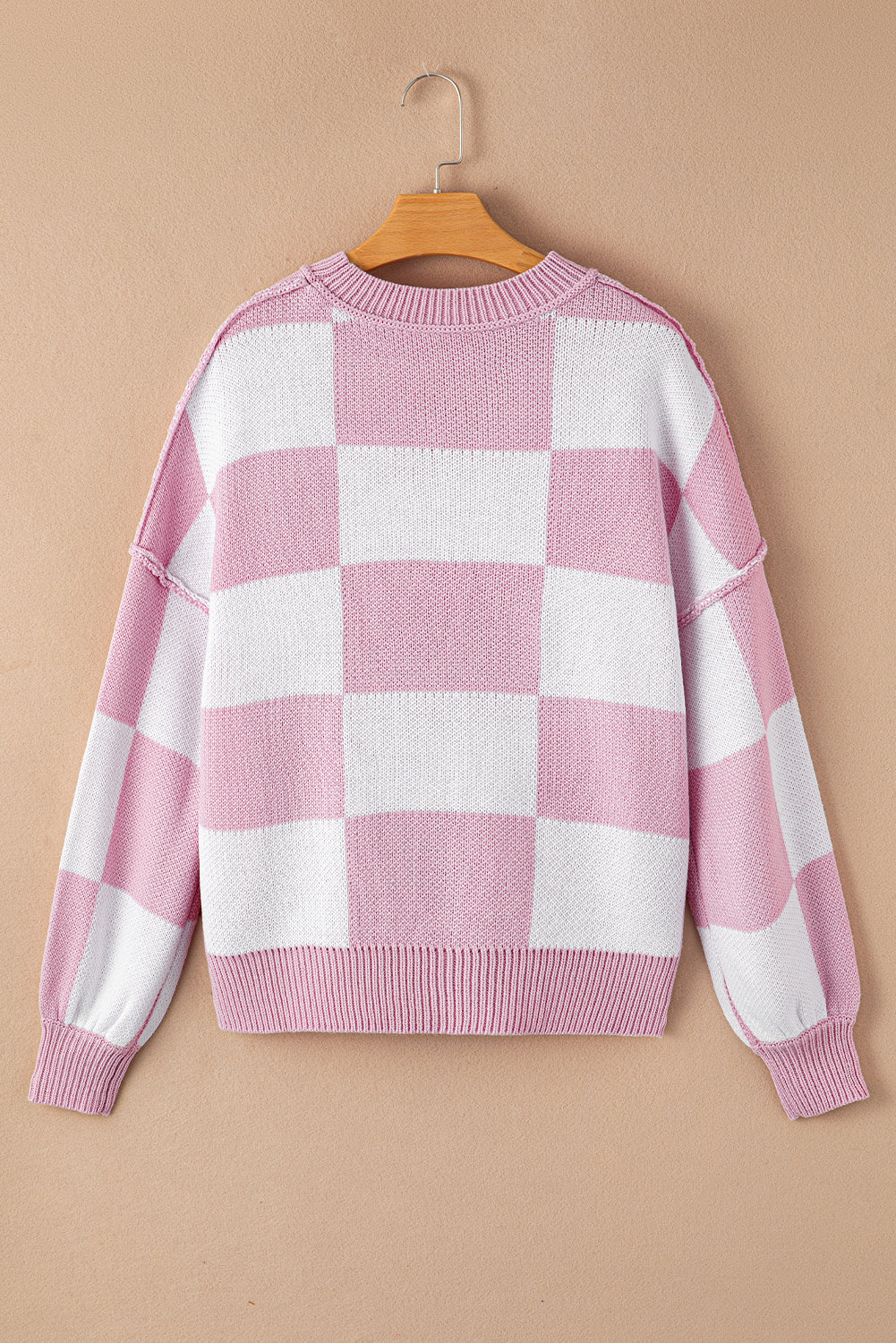 Checkered Bishop Sleeve Sweater- Pink