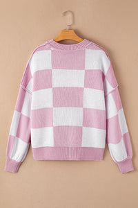 Checkered Bishop Sleeve Sweater- Pink