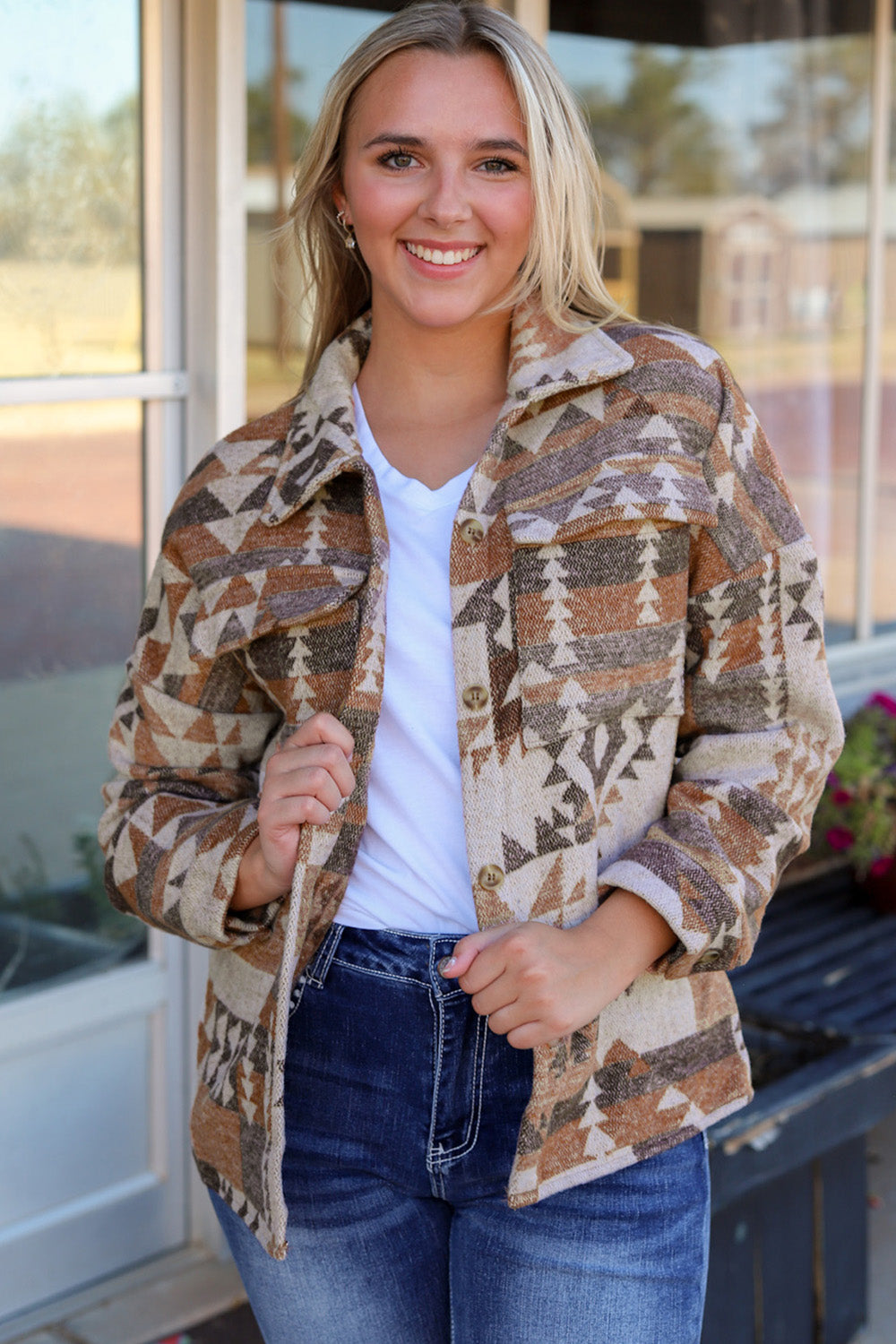 Southwestern Pattern Collared Jacket- Camel