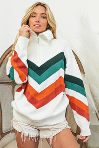 Multi Color Chevron Pattern Quarter Zip Sweater