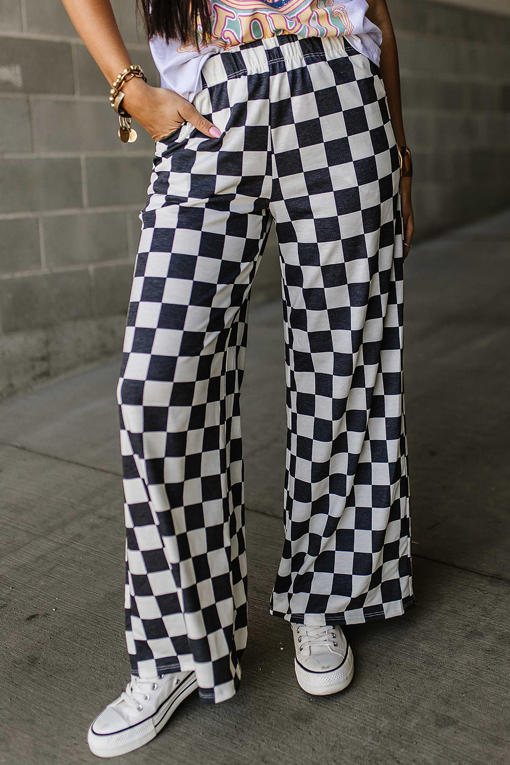 Black and White Checked Print High Waist Wide Leg Pants