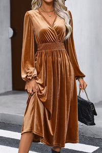 Wrap V Neck High Waist Velvet Midi Dress- Camel