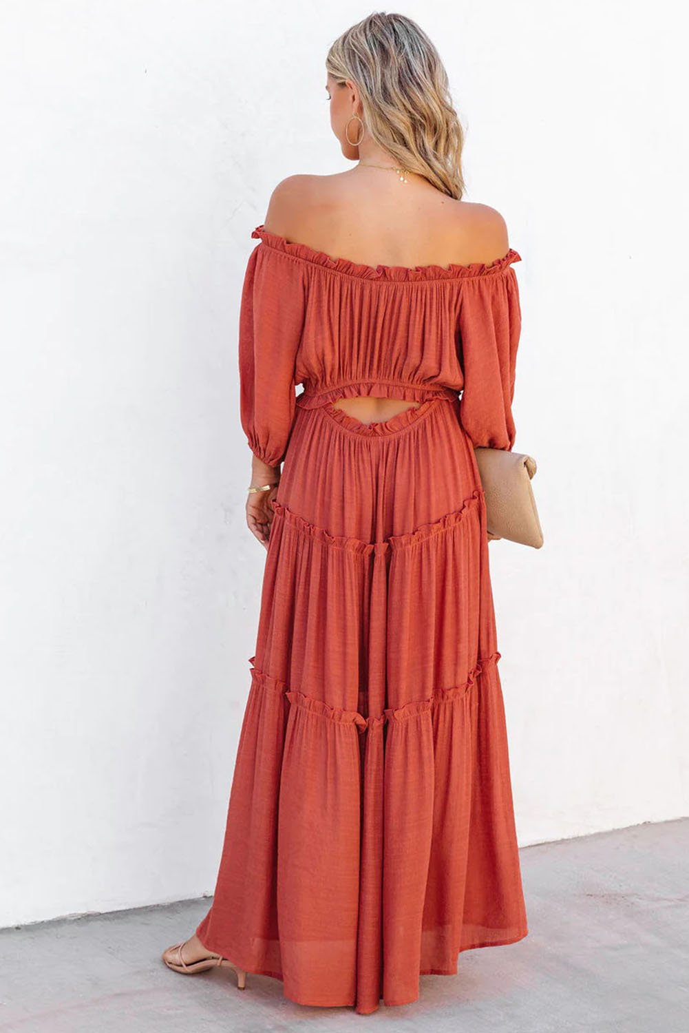 Off Shoulder Long Sleeve Maxi Dress- Orange