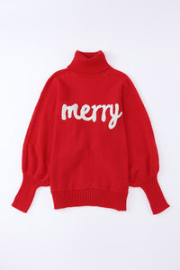 Merry Embroidered High Neck Sweater- Red