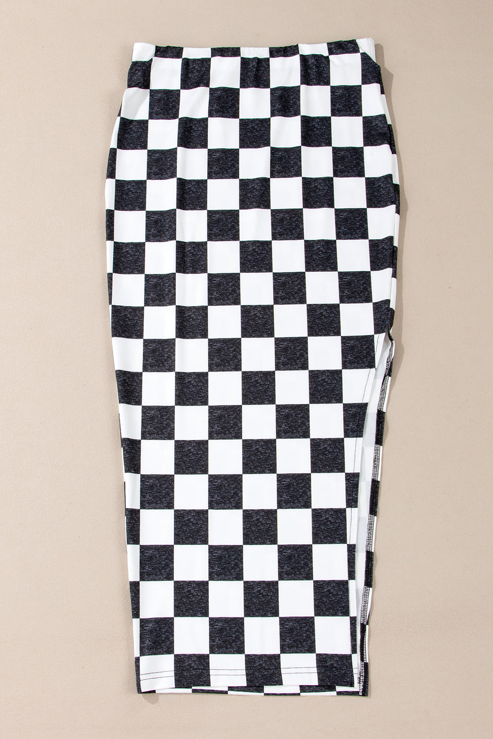 Black and White Checkered Print Side Slit High Waist Midi Skirt