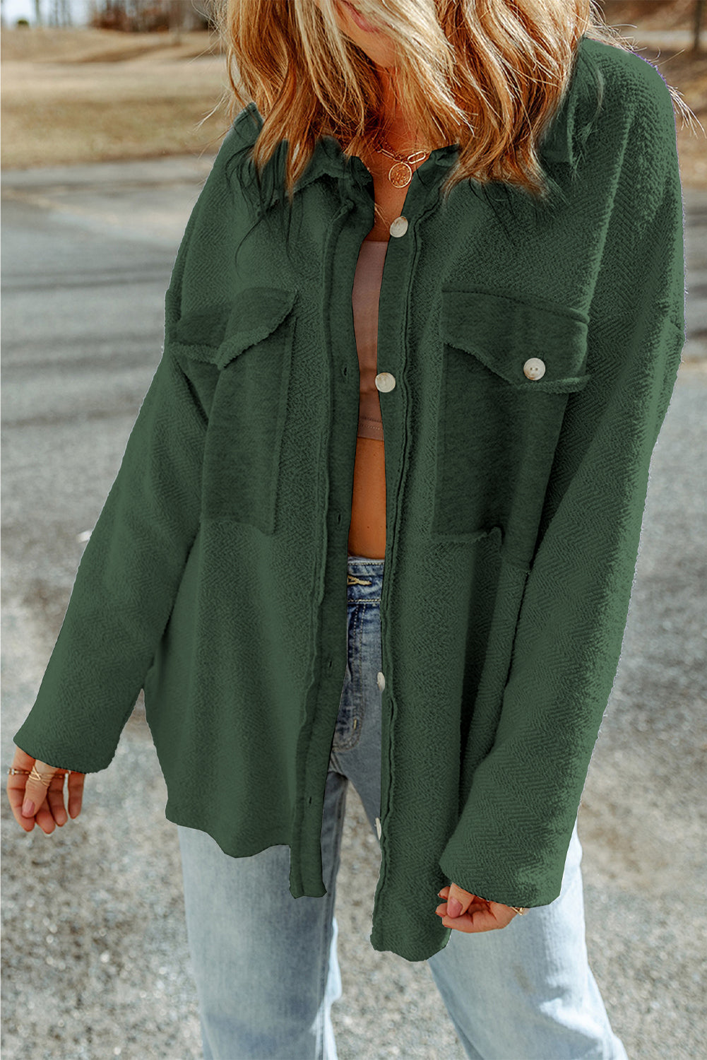 Casual Button Down Shacket- Green