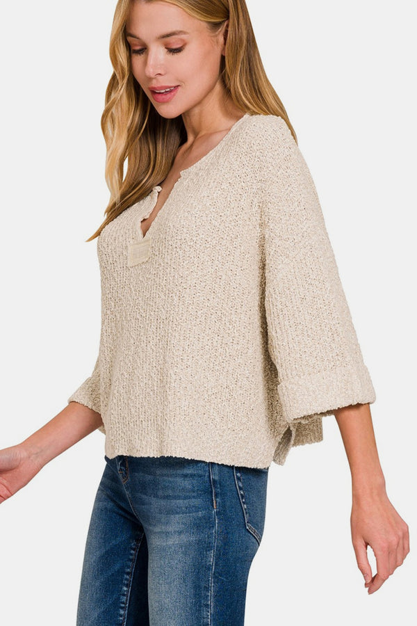 Notched Side Slit Patch Sweater