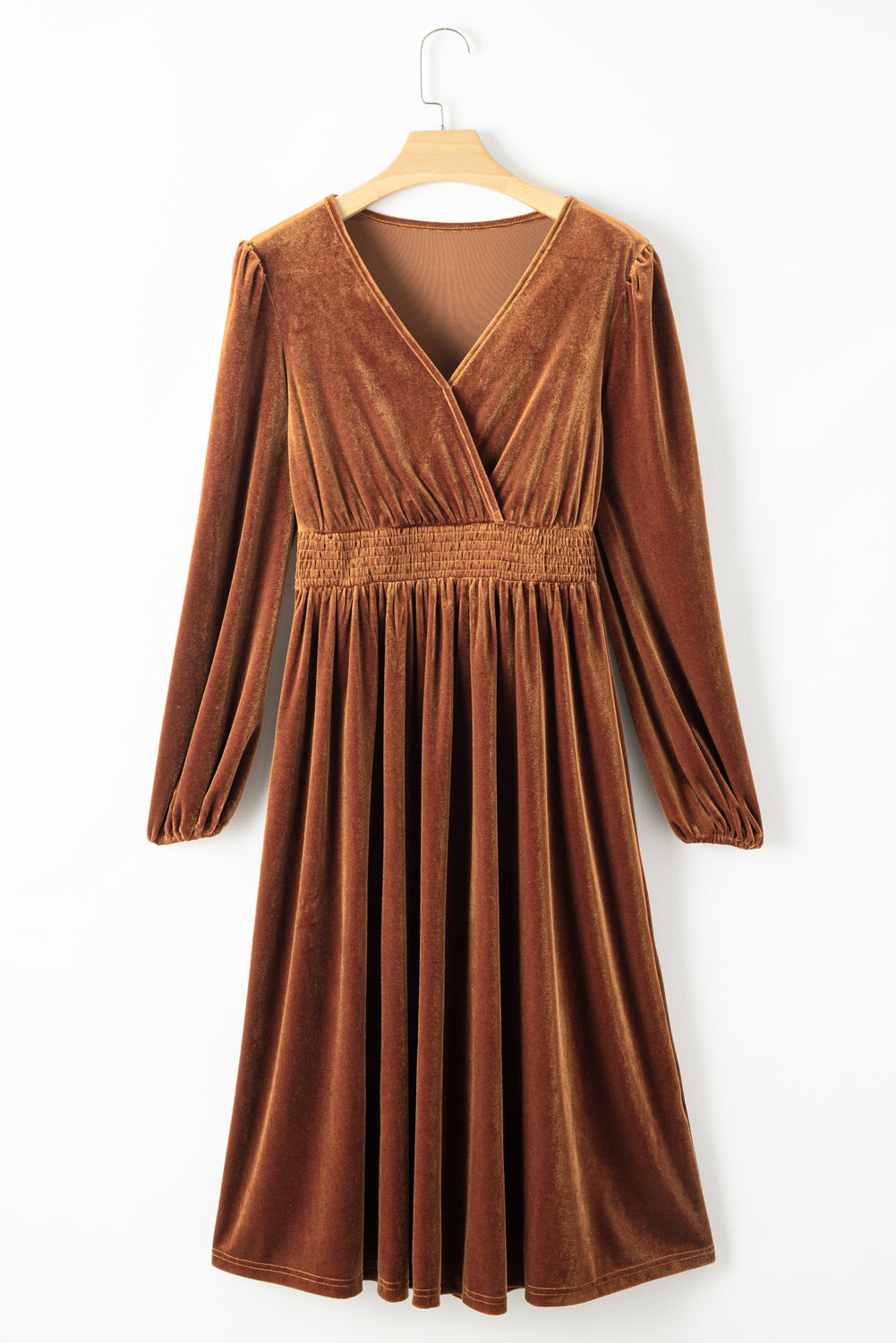 Wrap V Neck High Waist Velvet Midi Dress- Camel