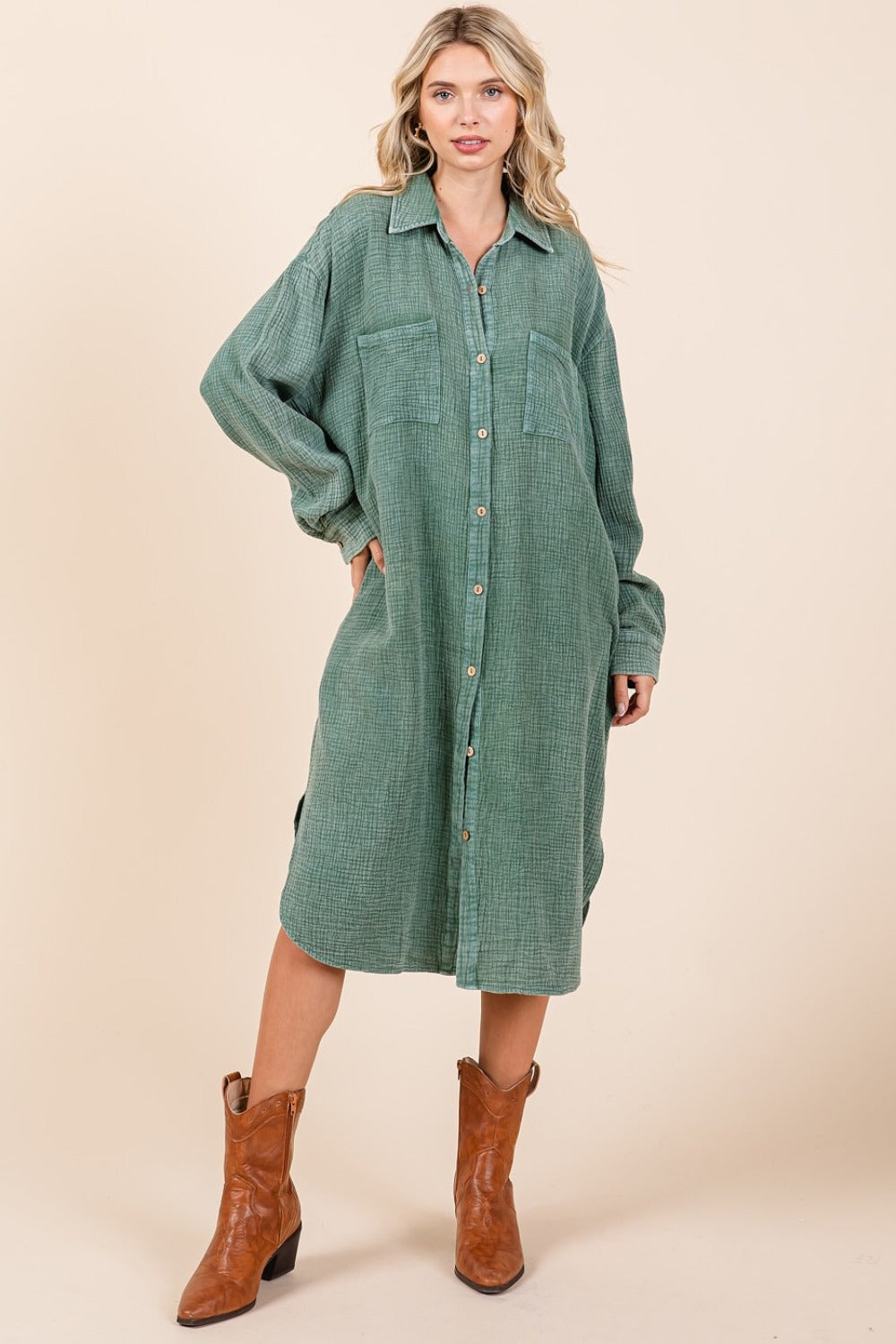 Mineral Wash Cotton Gauze Midi Shirt Dress