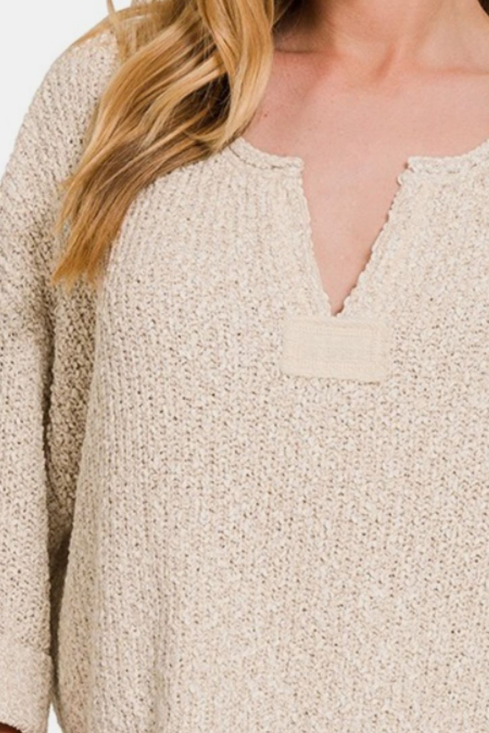 Notched Side Slit Patch Sweater