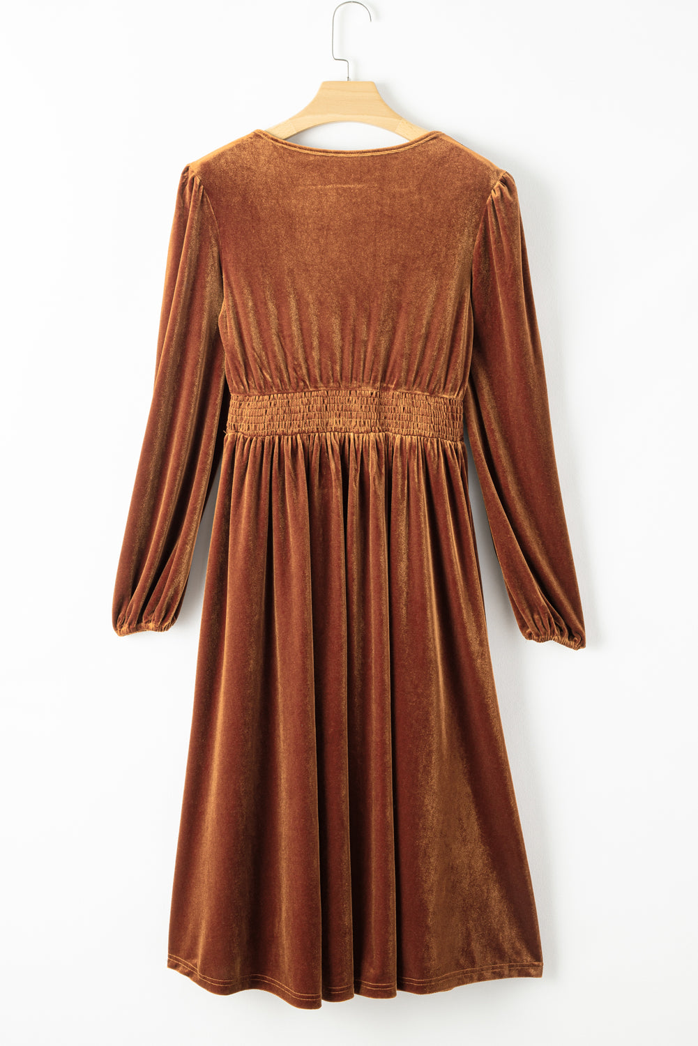 Wrap V Neck High Waist Velvet Midi Dress- Camel