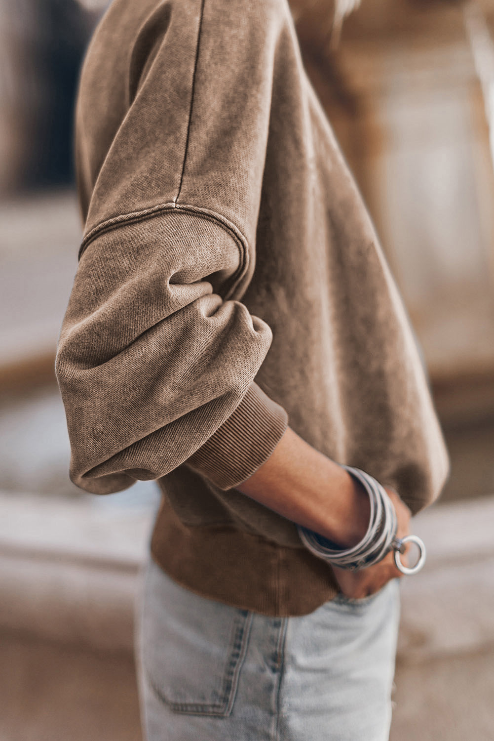 Crew Neck Acid Washed Sweatshirt- Brown