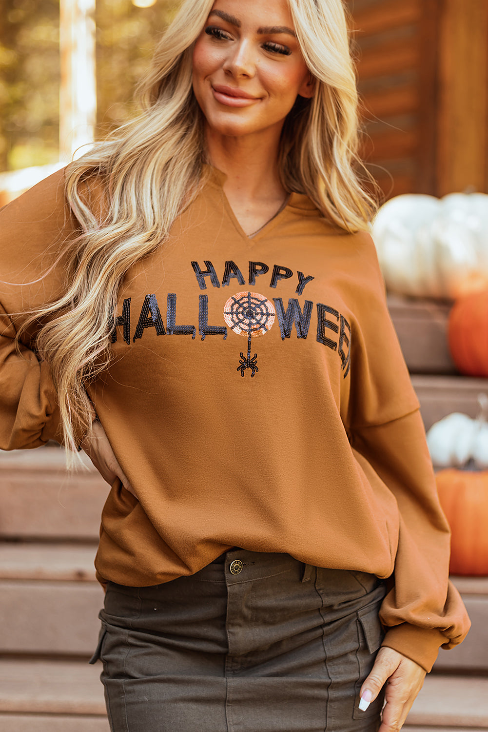 Halloween Sequin Long Sleeve Top- Chesnut