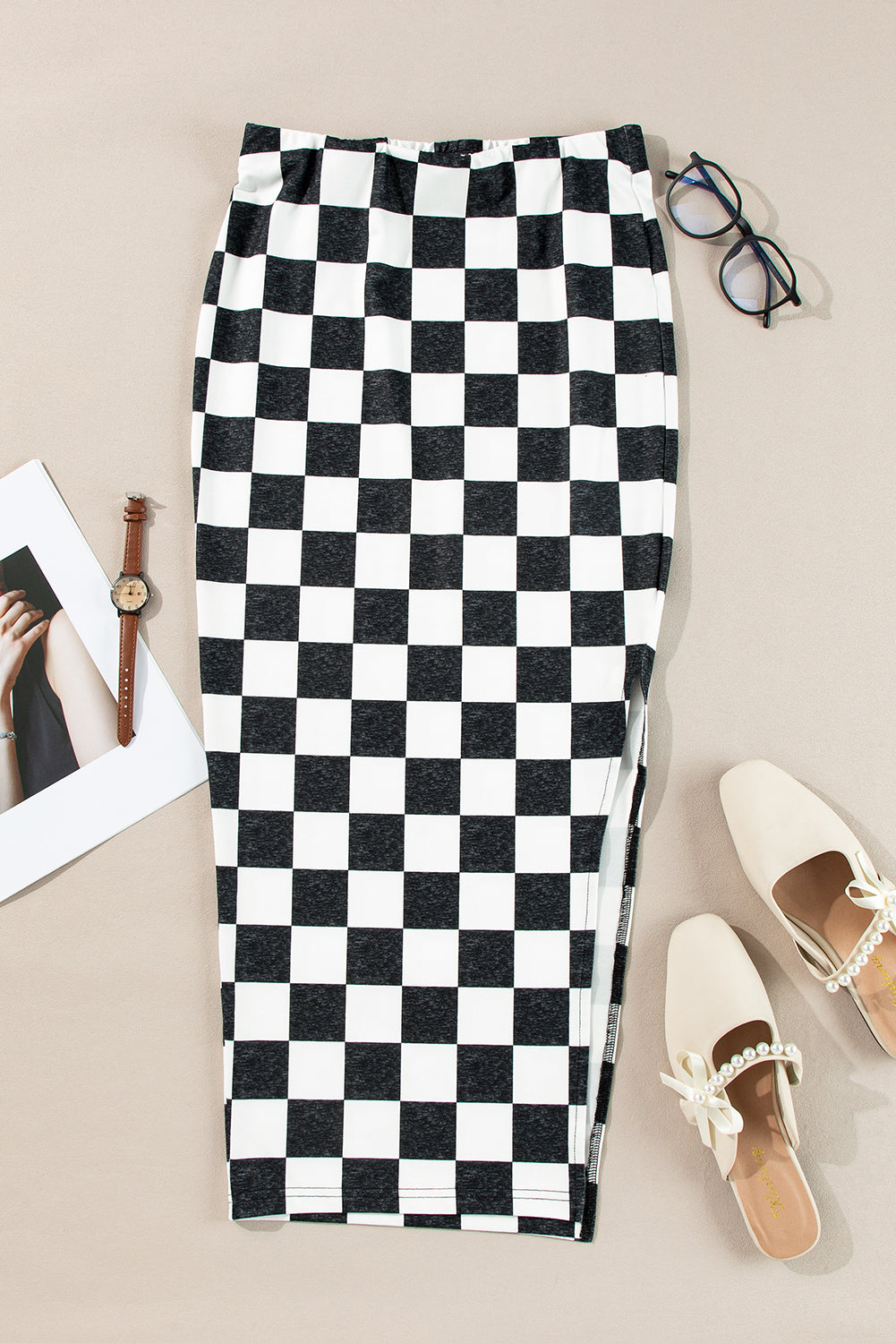 Black and White Checkered Print Side Slit High Waist Midi Skirt