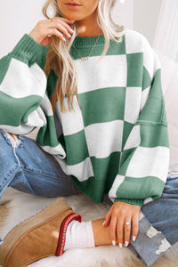 Checkered Bishop Sleeve Sweater- Green